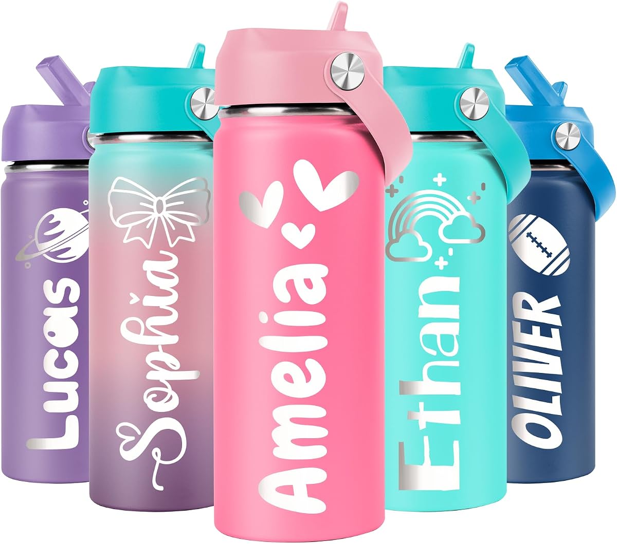 Personalized Water Bottles for Kids with Straw, Back to School | 18oz Custom Stainless Steel Water Bottle Engraved with Name, BPA Free, Birthday Gifts for Kids Girls Boys, Made in USA