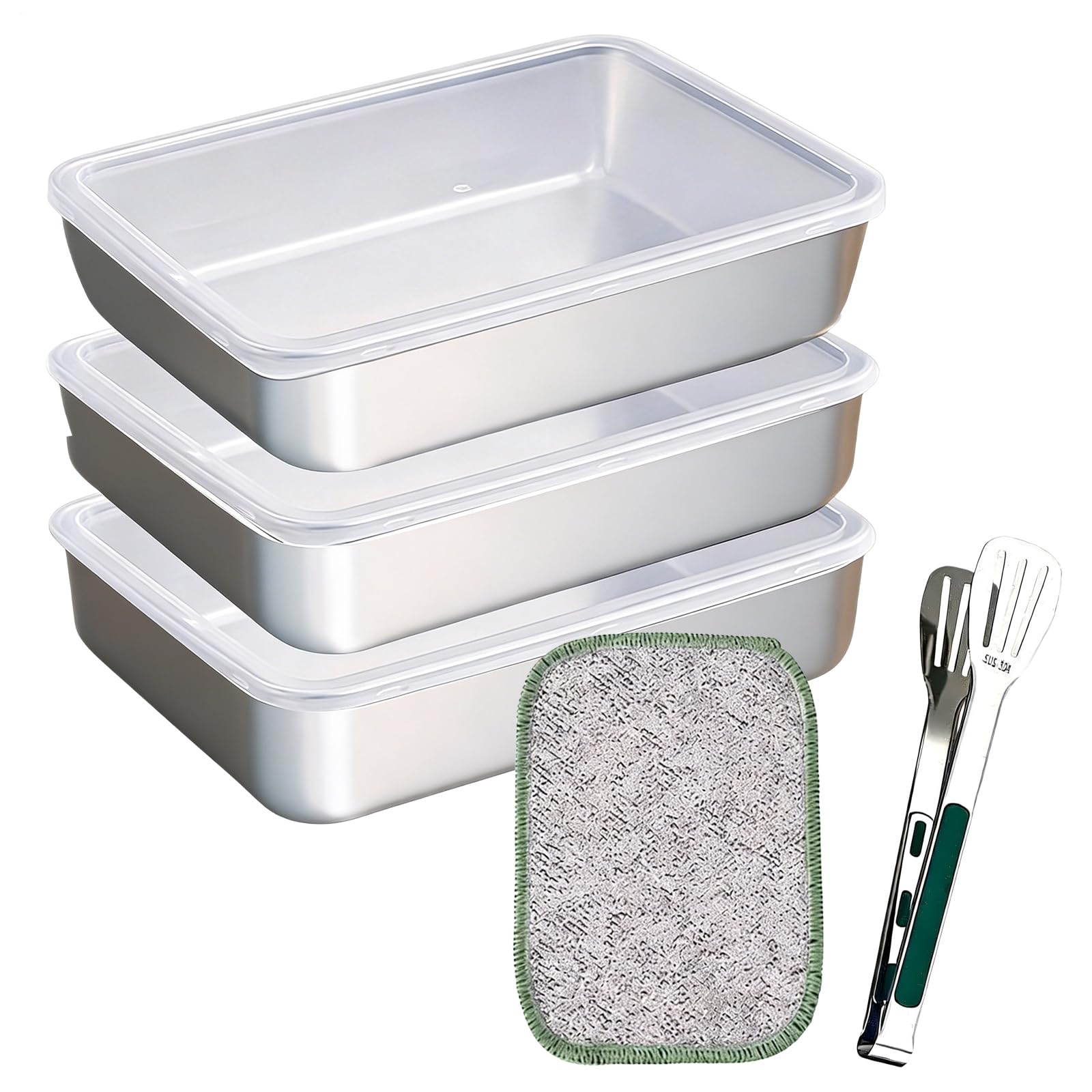 Juego de 3 cuencos para empanar de acero inoxidable: 316 antibacteriano de acero inoxidable 316, cuencos rectangulares apilables, para empanar carne y verduras, con pinzas de acero inoxidable