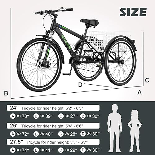 Miniatura 19 de ABORON Triciclo para adultos, bicicleta de 3 ruedas para adultos, triciclo para adultos, llantas de doble pared, triciclo para mujeres y hombres