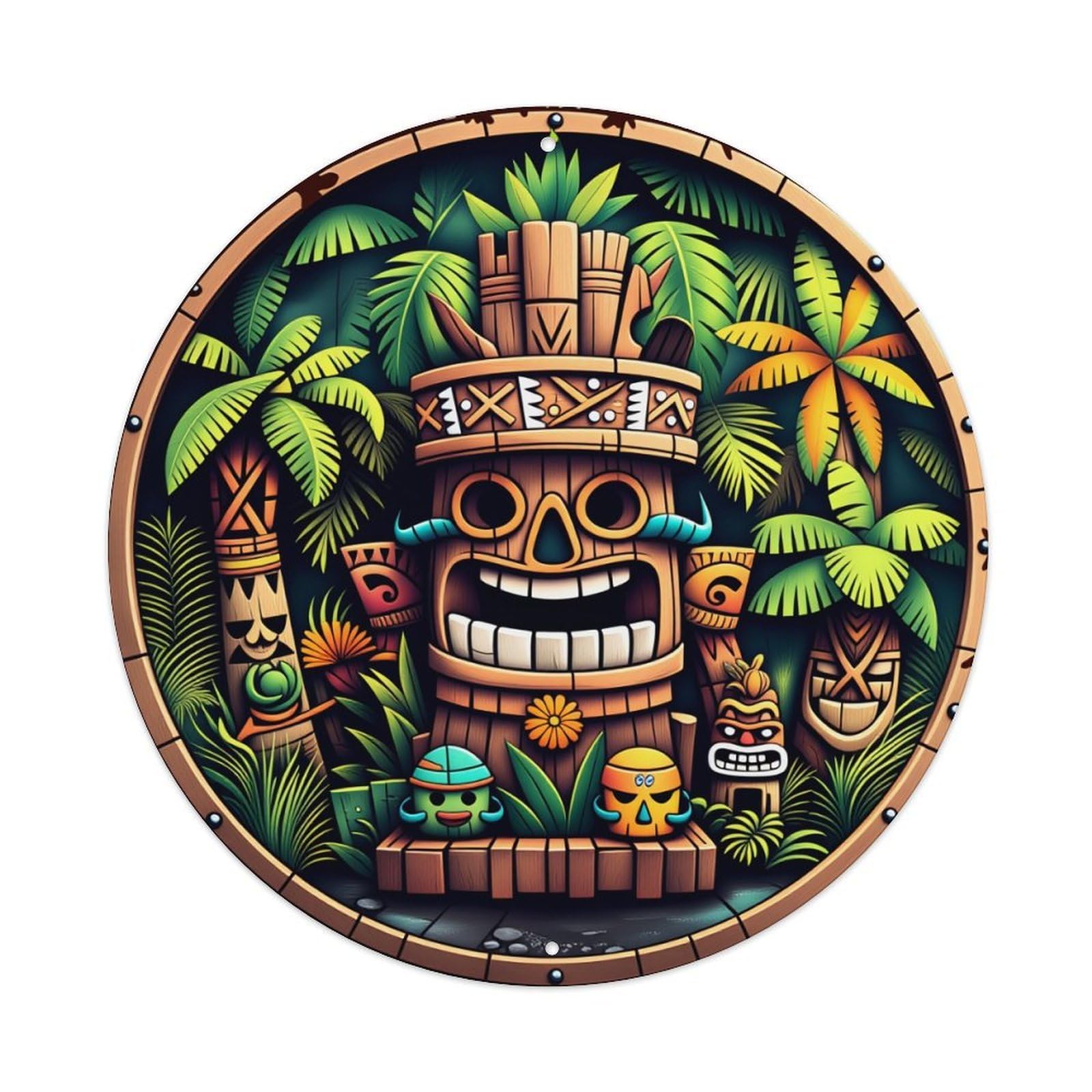 Tiki Jungle Tribal Mask Art Round Tin Sign Vintage Metal Poster Retro Bar, Home, Man Cave, Kitchen, Laundry Room Wall Art Decor Gift 8x8In
