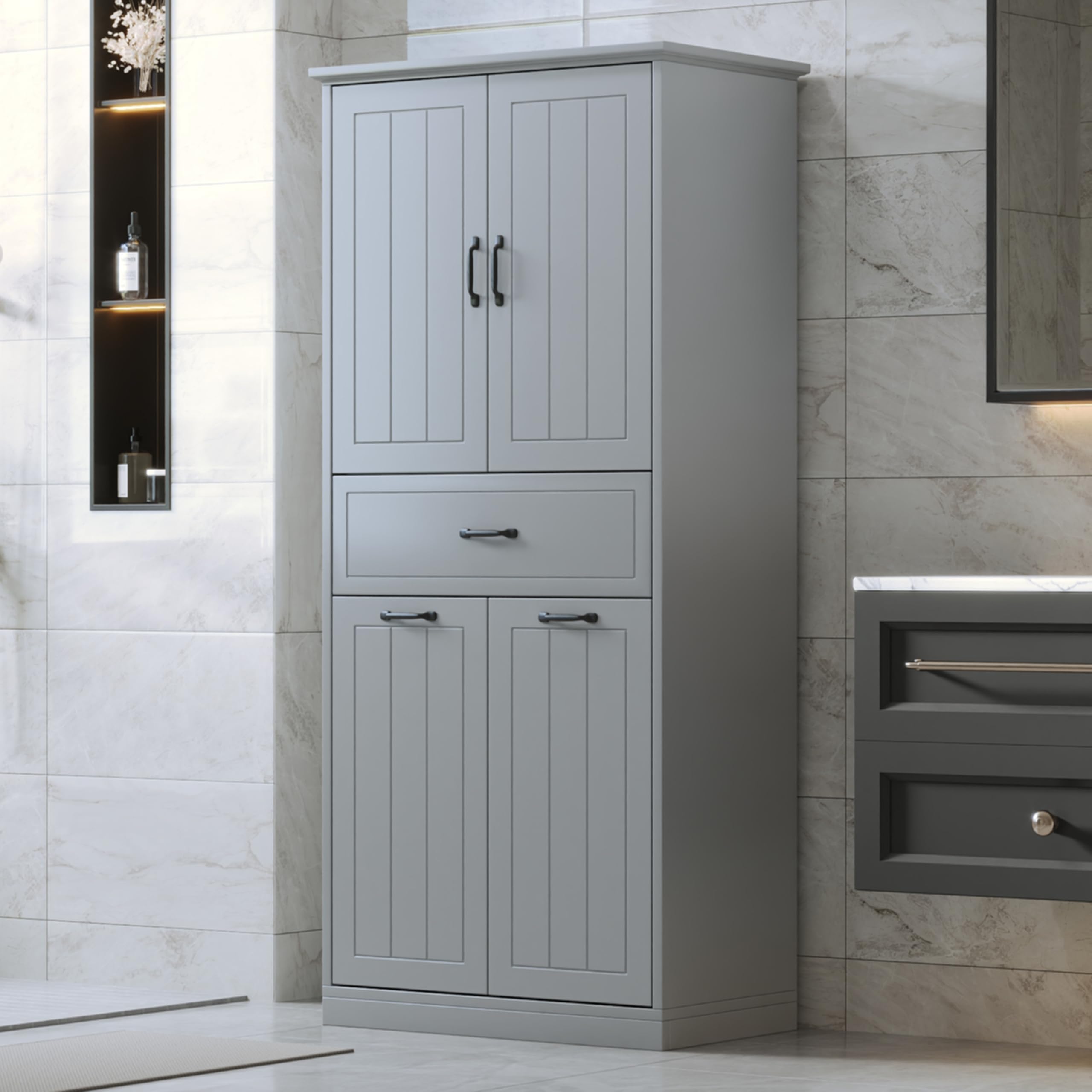 Merax Cabinet with 2 Tilt-Out Laundry Hamper Baskets, Modern Tall Bathroom Storage Organizer Linen with Drawers and Doors for Home, Freestanding, Grey