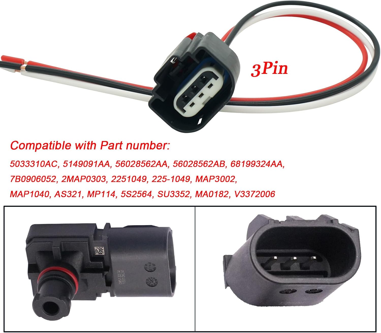 3 Wires Manifold Absolute Pressure MAP Sensor Wiring Harness Connector Pigtail Plug Fit for Chrysler Dodge Ram Cherokee Challenger Replaced OE# 5033310AC 5149091AA 68199324AA