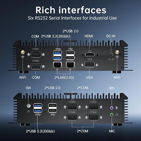 Mini PC, Fanless Industrial Computer with Core i7-1165G7, 8G RAM 128G SSD, Dual NIC 2.5G LAN, 6*COM RS232, Support 4G Module/SIM, 1*HDMI 1*VGA, Windows 11 Pro
