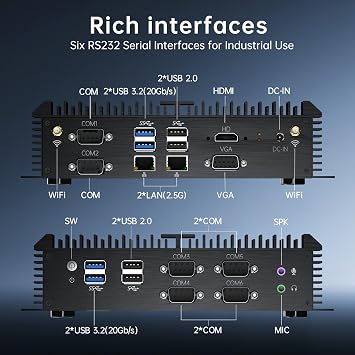 Mini PC, Fanless Industrial Computer with Core i7-1165G7, 8G RAM 128G SSD, Dual NIC 2.5G LAN, 6*COM RS232, Support 4G Module/SIM, 1*HDMI 1*VGA, Windows 11 Pro