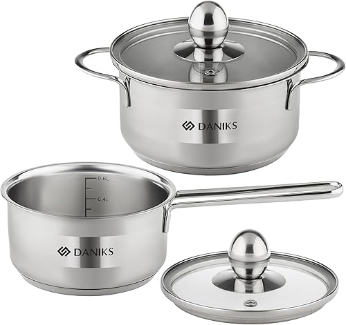 Daniks Mini juego de utensilios de cocina de acero inoxidable, 4 piezas, compatible con inducción, apto para lavavajillas, asas resistentes al
