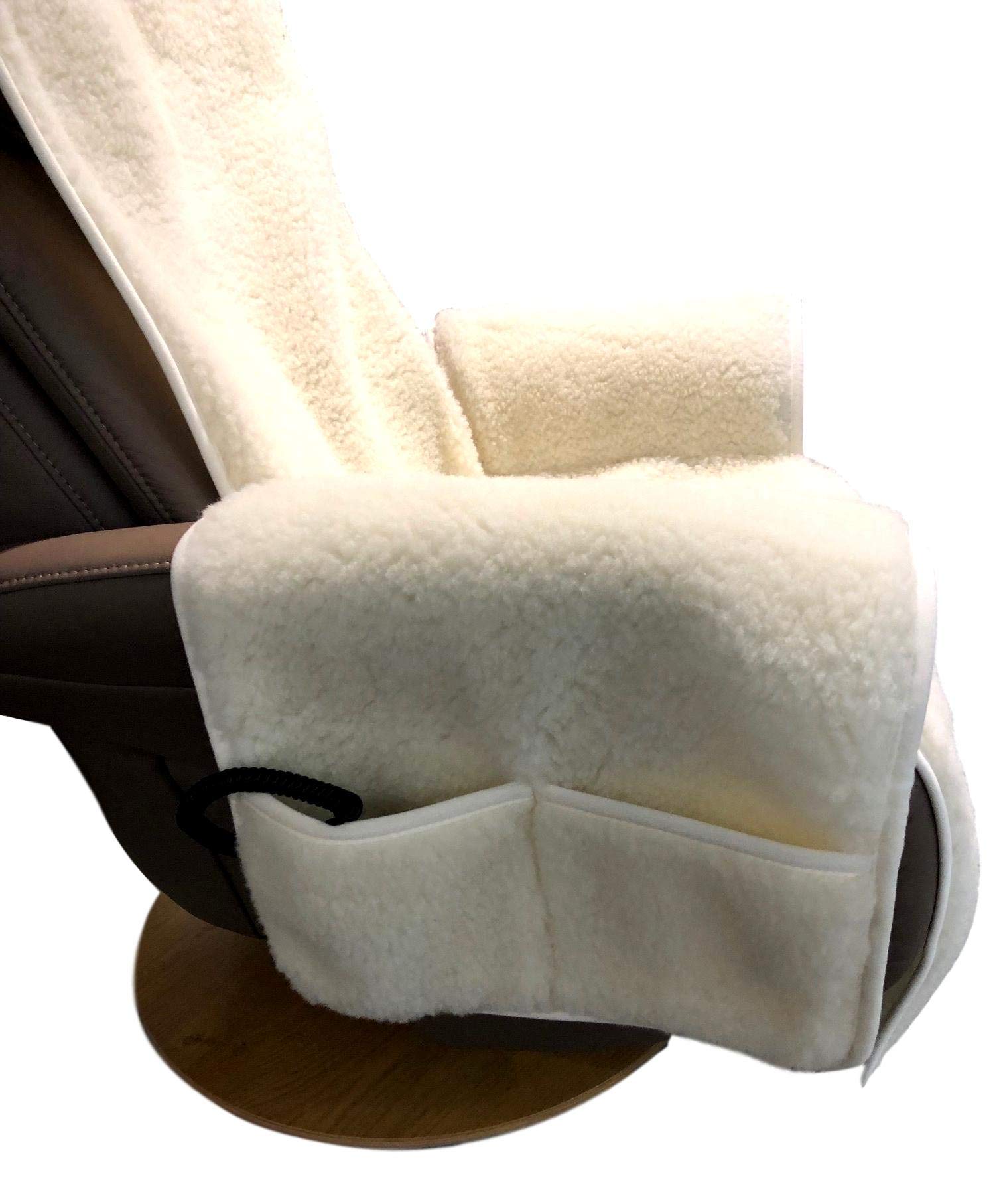 Sesselschoner Relaxsessel Merino gelockt mit Taschen 100% Wolle Naturweiß