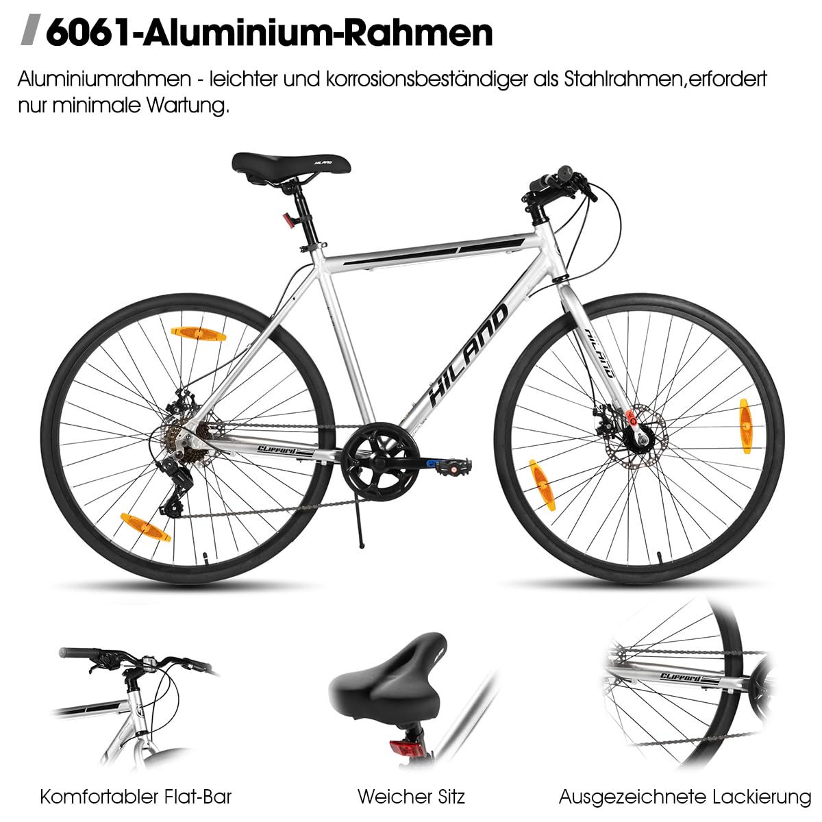 HILAND Bicicleta Trekking 28 Pulgadas para Hombre y Mujer, Cambio de 7 Velocidades, Cuadro de Aluminio 53 cm/57 cm, Frenos de Disco Mecánicos, Bicicleta Híbrida Urbana para Desplazamientos y Rutas