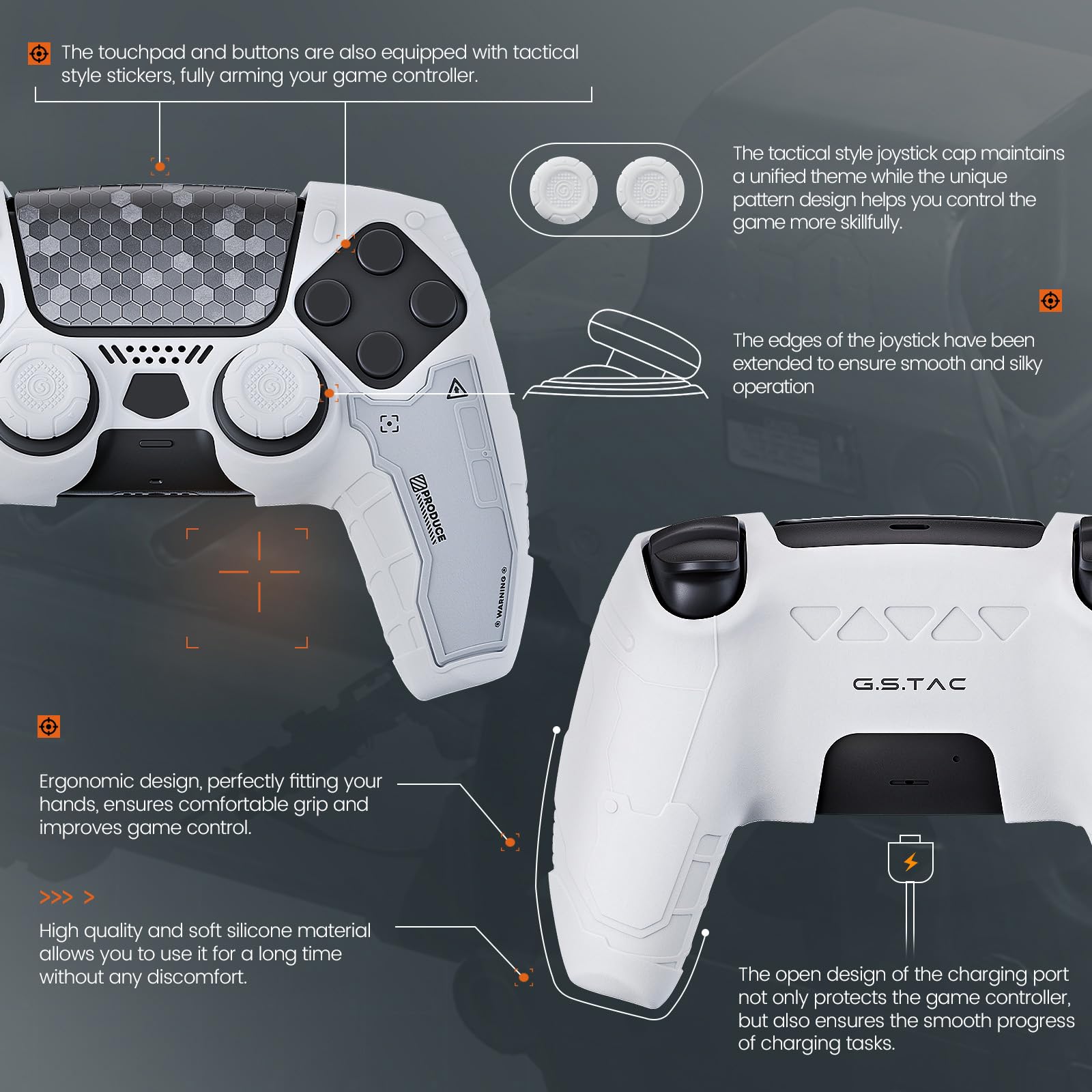 GeekShare G.S.TAC Taktyczny zestaw skórki do kontrolera PS5, antypoślizgowy silikonowy pokrowiec ochronny kompatybilny z kontrolerem bezprzewodowym PS5 z 2 nakładkami na kciuk i 2 naklejkami (biały)