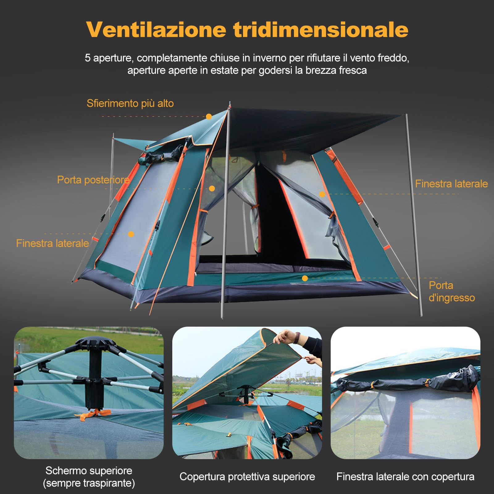 Ergocar Tenda Campeggio Pop Up 3-4 Persone Ultra-Leggero Tenda Impermeabile Antivento a Cupola Leggera con Veranda per Campeggio Escursioni Arrampicata