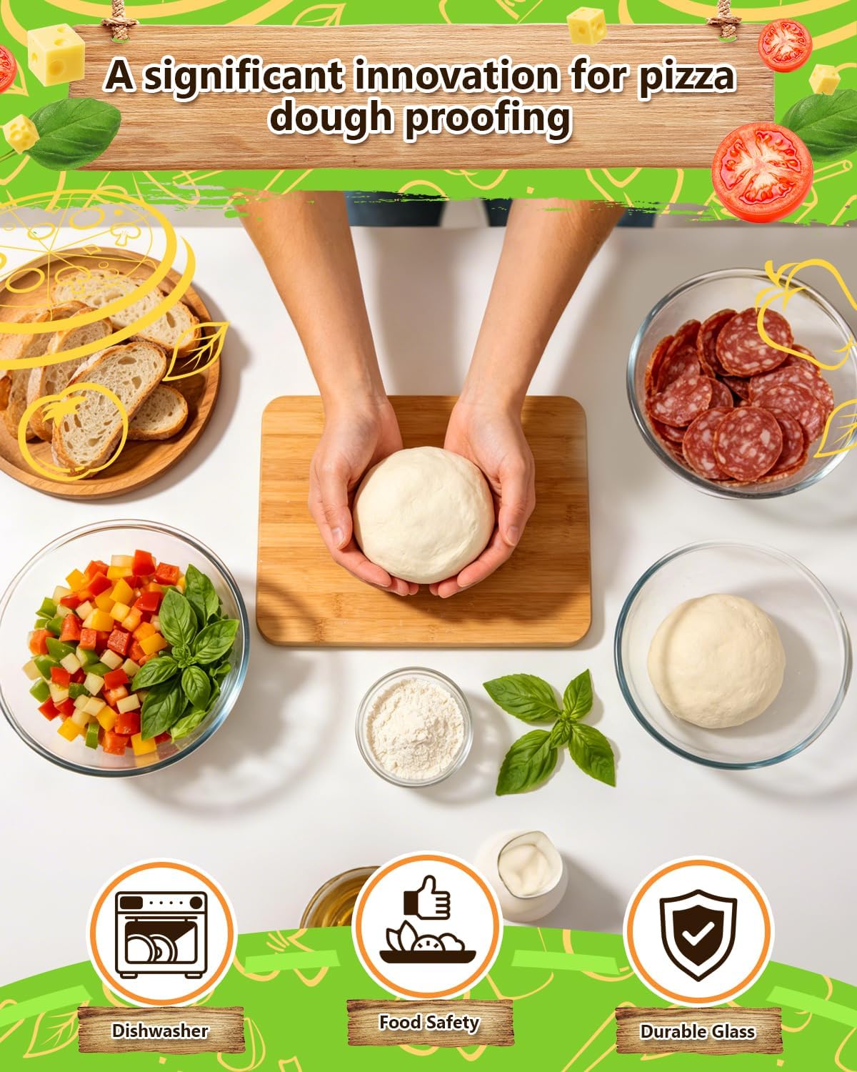Pizza Dough Proofing Container Set of 2, 2000ML Glass Proofing Box with Clear Airtight Lid, Stackable Fermentation Storage for Dough Balls & Bread, Includes Cutter
