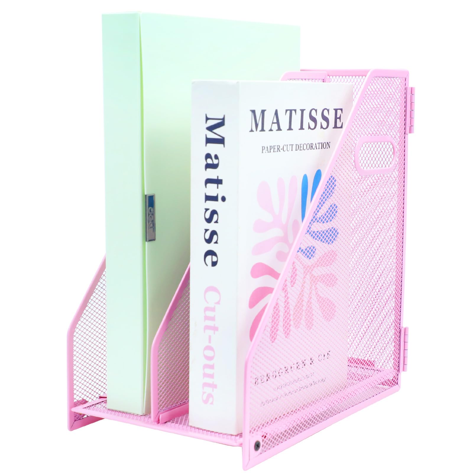 TSDRBWO Desk Organizers Metal Magazine File Holder Racks Desktop Folder Storage Binder Organiser Document Organization for Home Office & Classroom,2 Vertical Compartments-Pink
