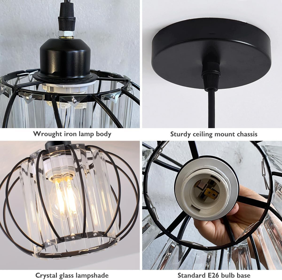 Crystal Mini Pendant Lights Kitchen Island, Farmhouse Small Cage Chandeliers, Adjustable Round Hanging Light Fixture for Hallway, Bedroom, Dining Room, Entryway Black Semi Flush Mount Ceiling Light
