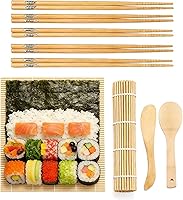 YBONRSQ 9-Piece Bamboo Sushi Making Kit for Beginners: 2 Mats, 5 Chopsticks, Paddle, Spreader - Easy DIY Rolls