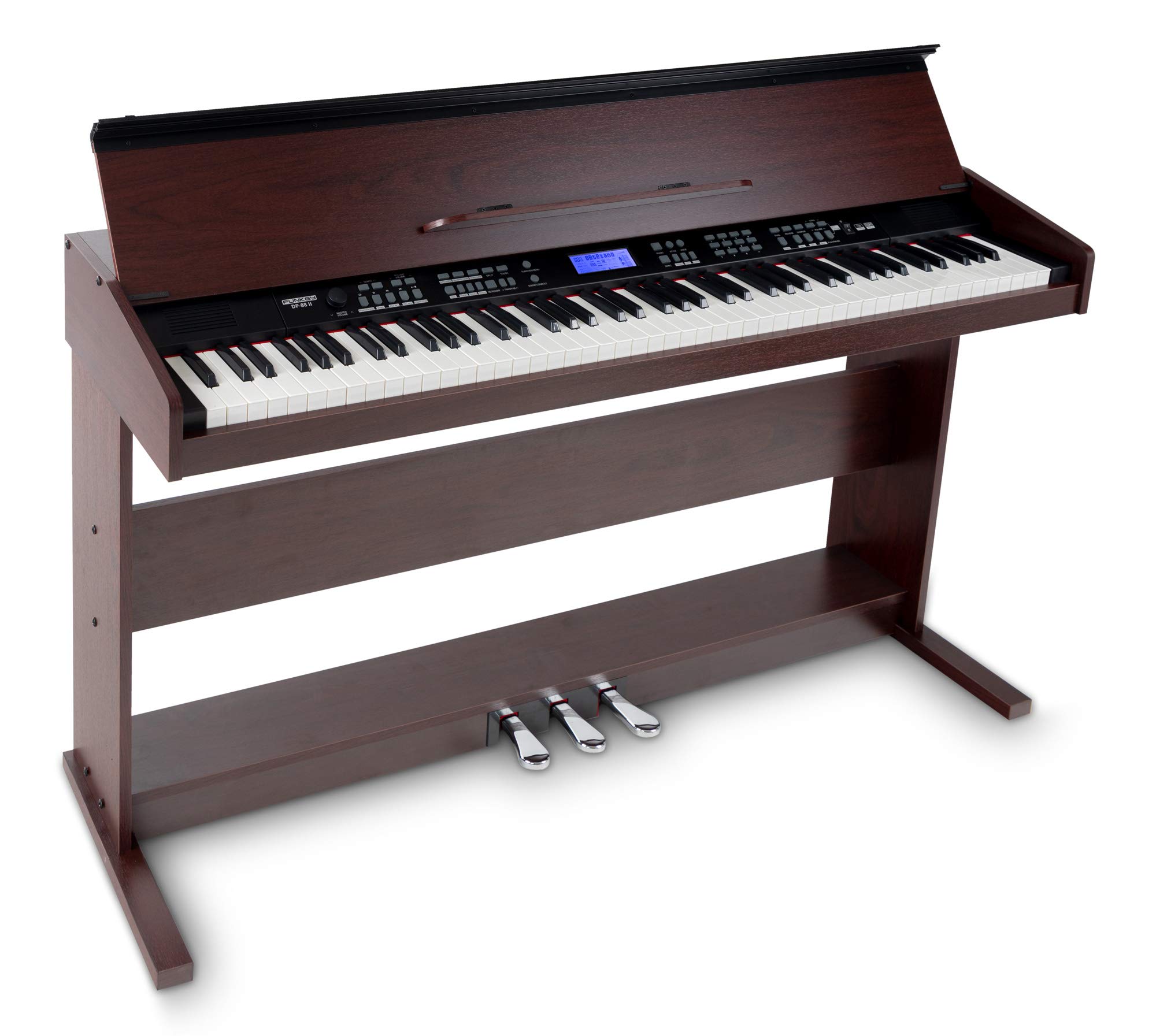 FunKey DP-88 II Digitalpiano (88 anschlagsdynamische Keyboard-Tasten, 128-fach polyphon, 360 Sounds, 160 Styles, MP3-Player, Lernfunktion, Record- & Playback-Funktion, 3 Pedale) braun