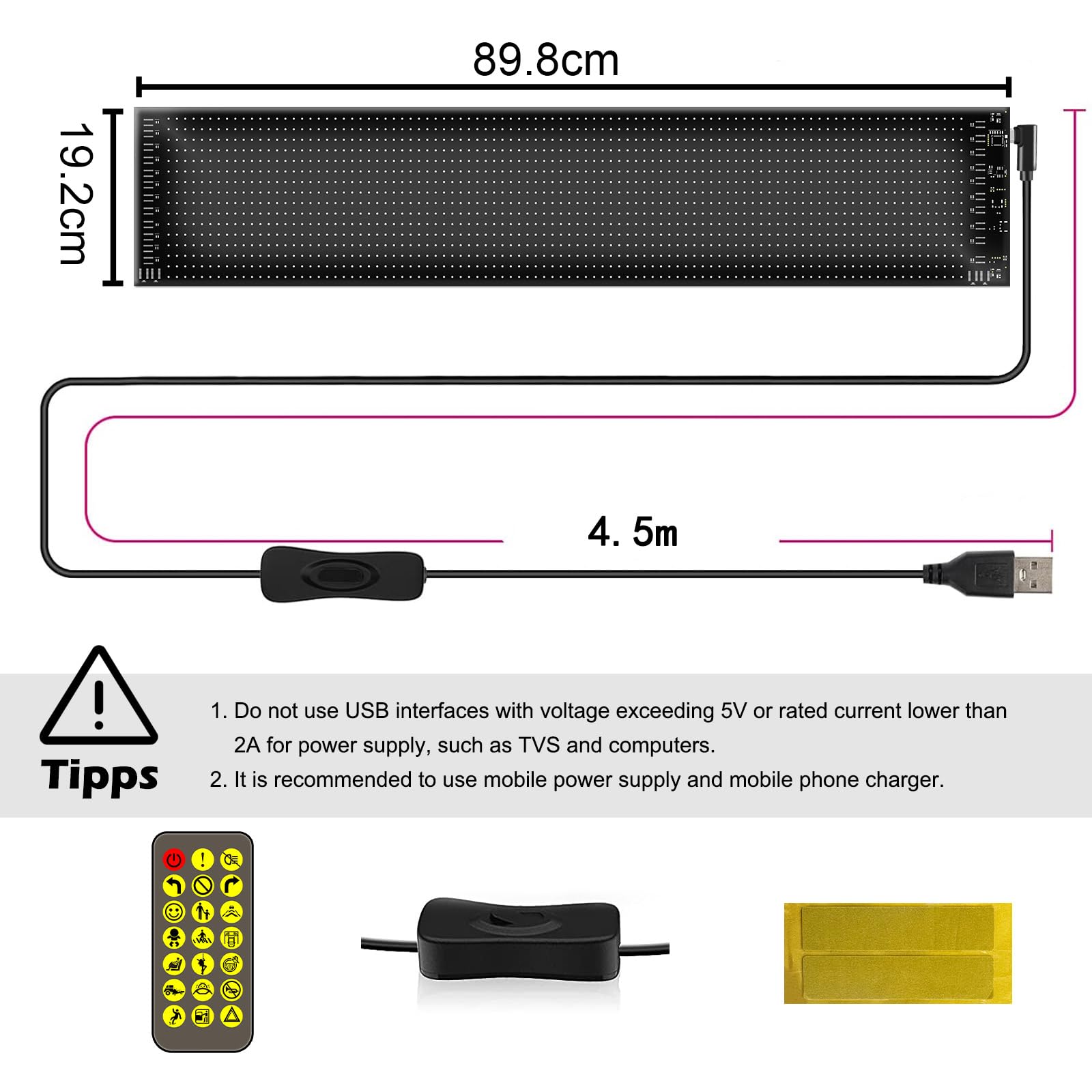 Tableau d'affichage LED flexible, 19,2 x 90 cm, écriture programmable, application intelligente Bluetooth, panneau LED RVB, défilement personnalisé, avec télécommande pour voiture