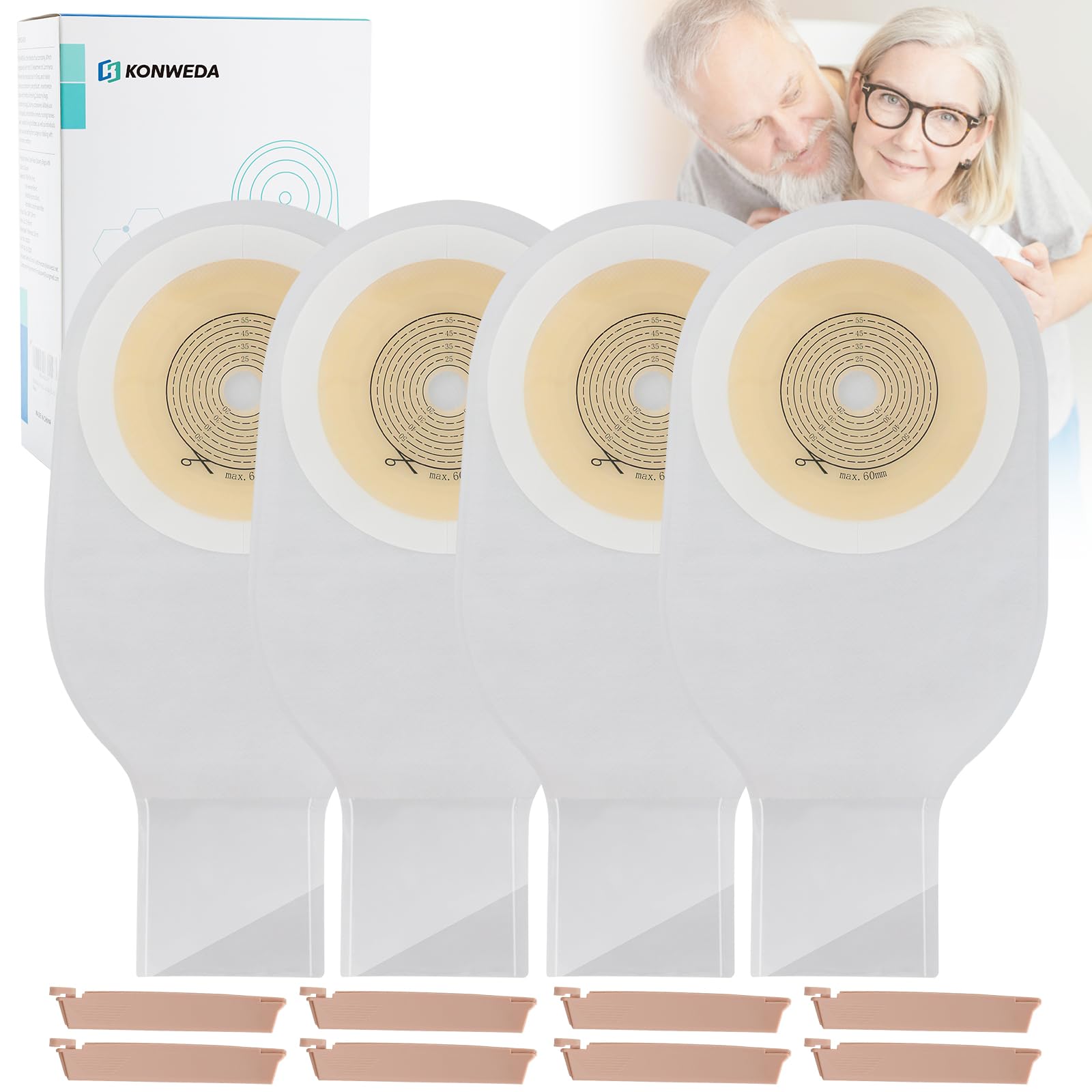 25 Pack Colostomy Bags, Ostomy Drainable Pouches with Clamp Closure for Ileostomy Stoma Care,15mm-60mm Cut-to-Fit(Include 8Pcs Clamps)