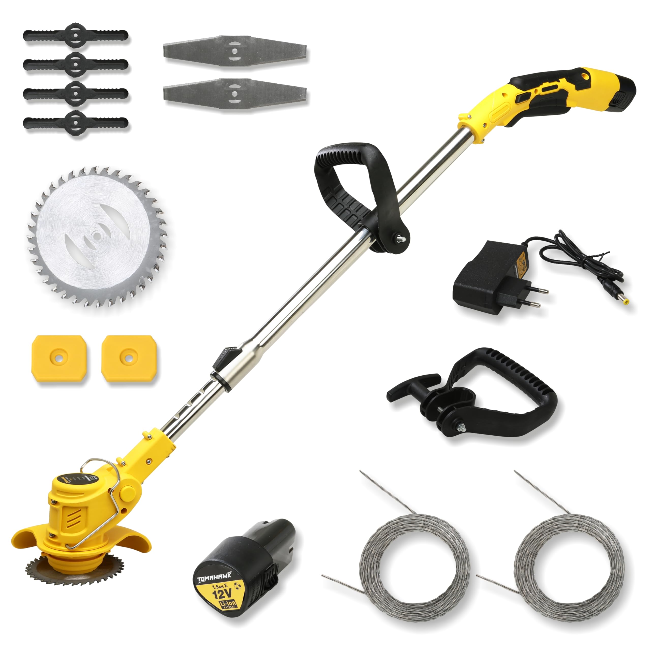 TCBC-12 12V Cordless Brush Cutter, Brushless Motor, 1.5Ah x 2 Batteries, Adjustable Length Shaft, 10,000 RPM, Light Duty Garden Grass & Weed Trimmer with Saw Blade & Rope Attachment