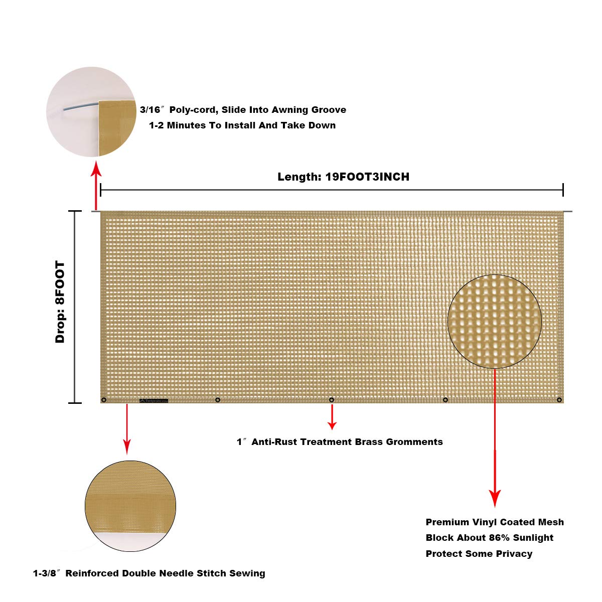 Tentproinc RV Awning Sun Shade Screen 8' X 19' 3''- Beige Mesh Sunshade UV Blocker Complete Kits Motorhome Camping Trailer Canopy Shelter - 3 Year Warranty