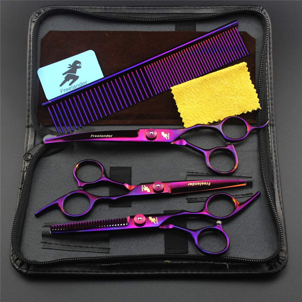 Professional Pet Grooming Scissors Set,Purple plating 7 inches Pet Stainless Steel 3 Pieces Scissor Suit Suit Provided With Curved Thinning Shear and Steel Grooming Comb Set
