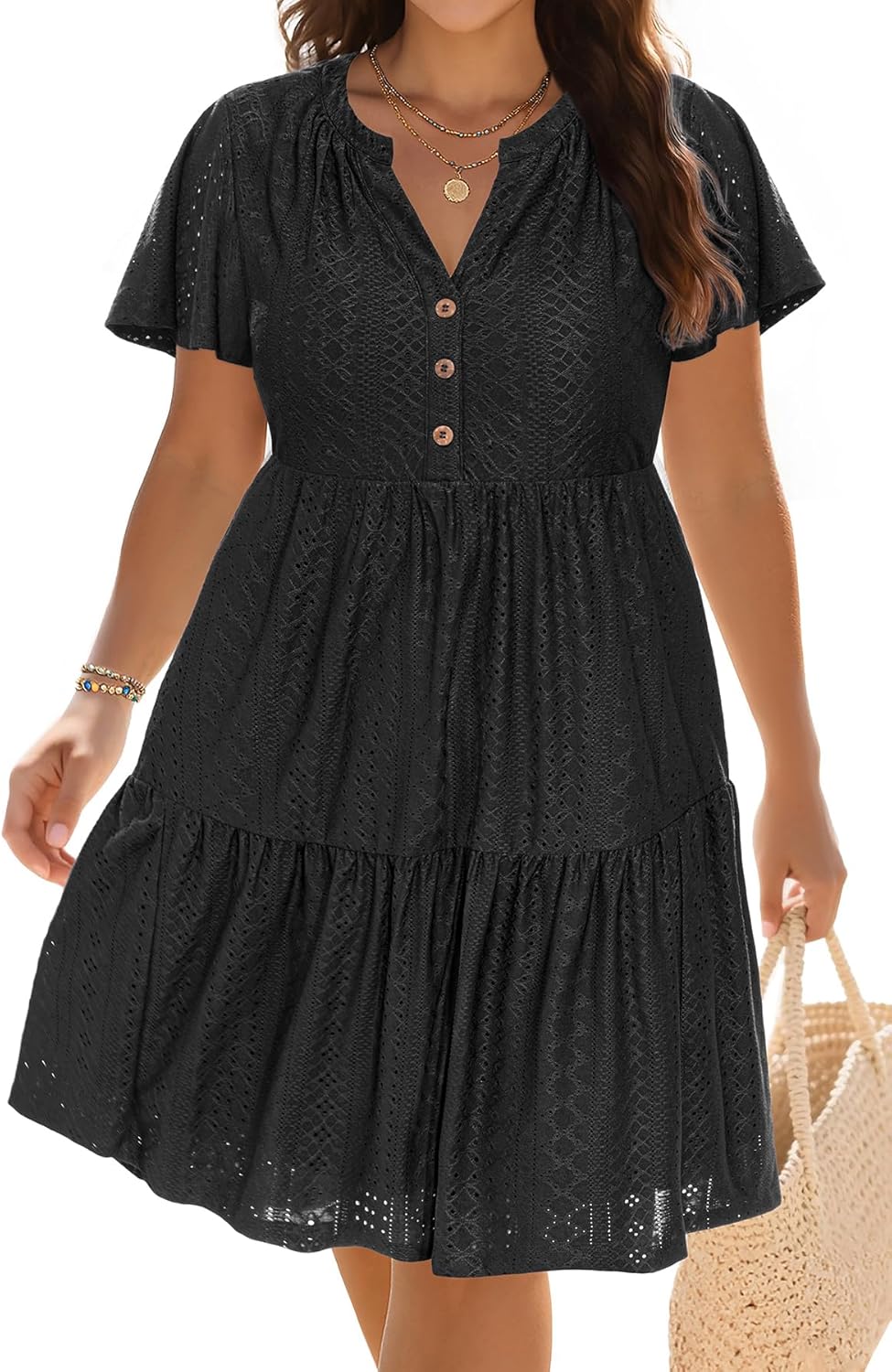 Plus Size Summer Dress - Casual Sundress Beach Short Sleeve V Neck Tiered Button Up Boho Midi Flowy Sun Dresses Women