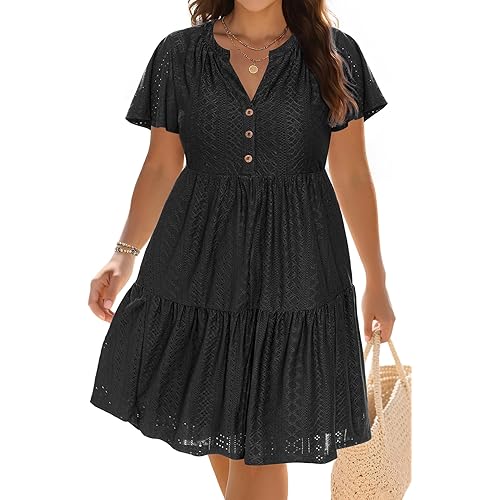 Plus Size Summer Dress - Casual Sundress Beach Short Sleeve V Neck Tiered Button Up Boho Midi Flowy Sun Dresses Women