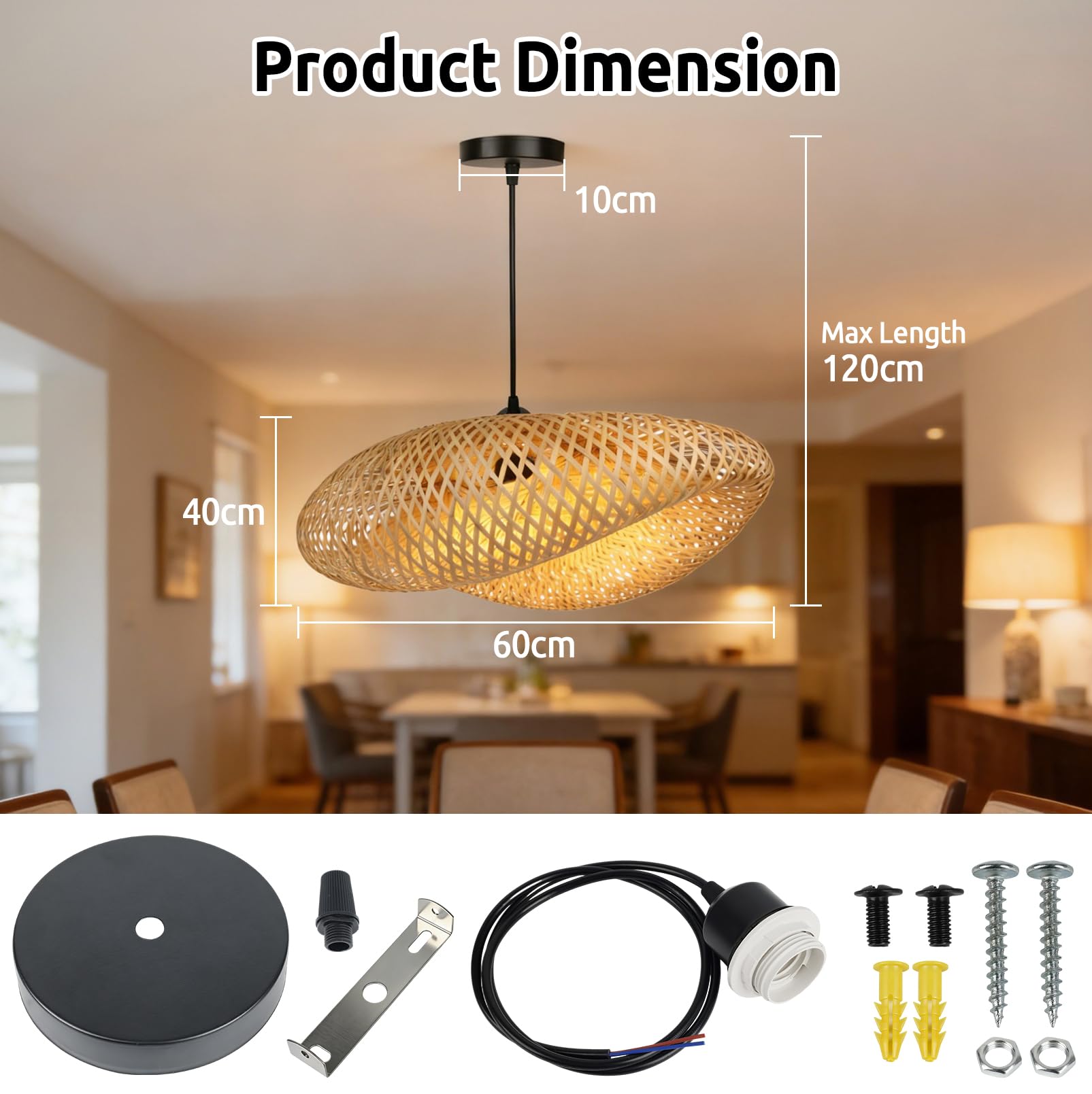 Lampa wisząca z bambusa, ręcznie wykonany abażur z rattanu z oprawką E27