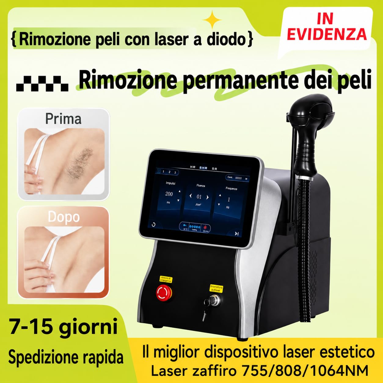 Dispositivo per epilazione laser a diodo 808 nm nero, manipolo con 10 barre laser, lunghezze d onda 755 808 1064 nm, raffreddamento integrato, display touch HD, per salone spa e casa
