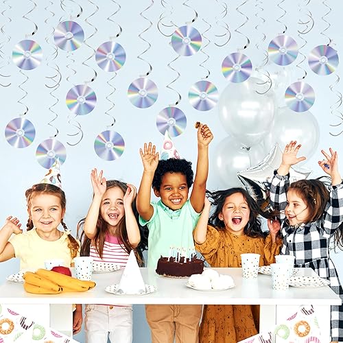 Miniatura 7 de 60 piezas de decoraciones de fiesta de los años 90, retro, temática de los años 90, espirales colgantes, CD disco recortado, decoración de pared,