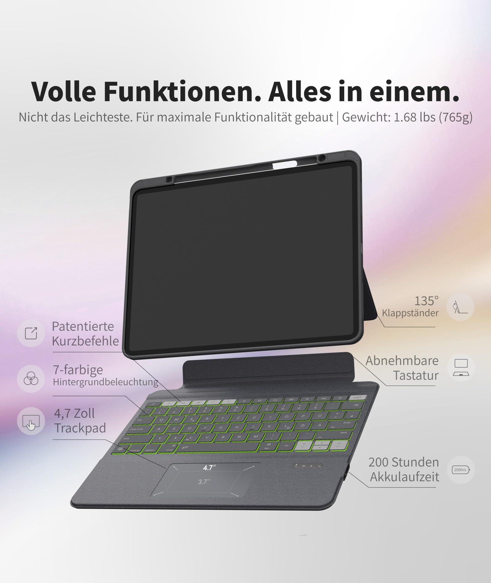 eip Bluetooth-Tastaturhülle für iPad Air 13" M3 (2025) / M2 (2024), magnetisch abnehmbar mit Trackpad, 7-farbig beleuchtete Tasten, Stylus-Shortcuts, schlankes Schutz-Design, kabellos