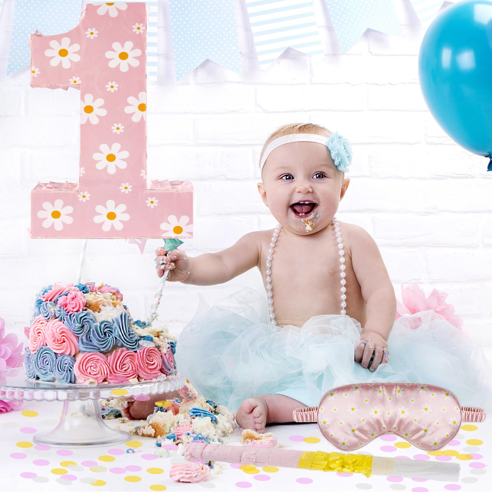 Décorations d'anniversaire en forme de marguerite – Piñata chiffre 1 avec bâton pour les yeux – Confetti pour les yeux – Fournitures de fête d'anniversaire bohème (marguerite 1)