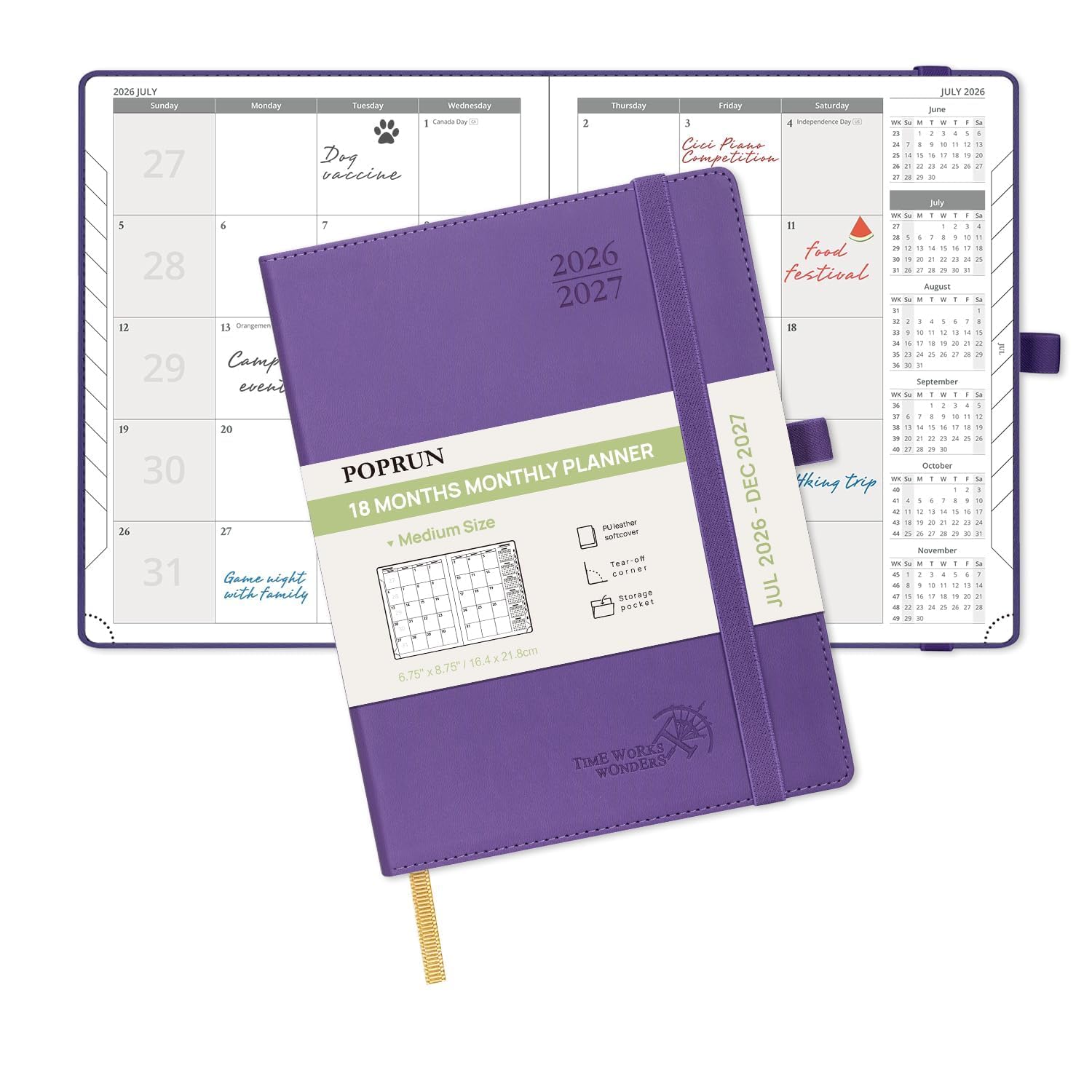 POPRUN A5 Month to View Diary 2026-2027 22x16.5cm (18-Month: Jul'26 - Dec'27) Monthly Planner, Soft Cover, Sunday Start, Monthly Tab(Purple)