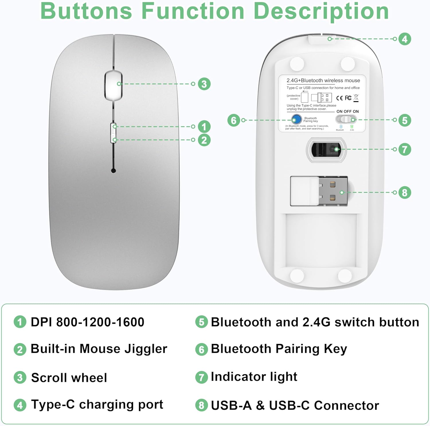 Wireless Mouse for Laptop/MacBook Air/Pro & iPad, Mouse Jiggler Mode Bluetooth 5.2/2.4G Rechargeable Silent Click 3-Level DPI Slim Portable USB-A&C Receiver (Mouse Jiggler Mode, Silver)