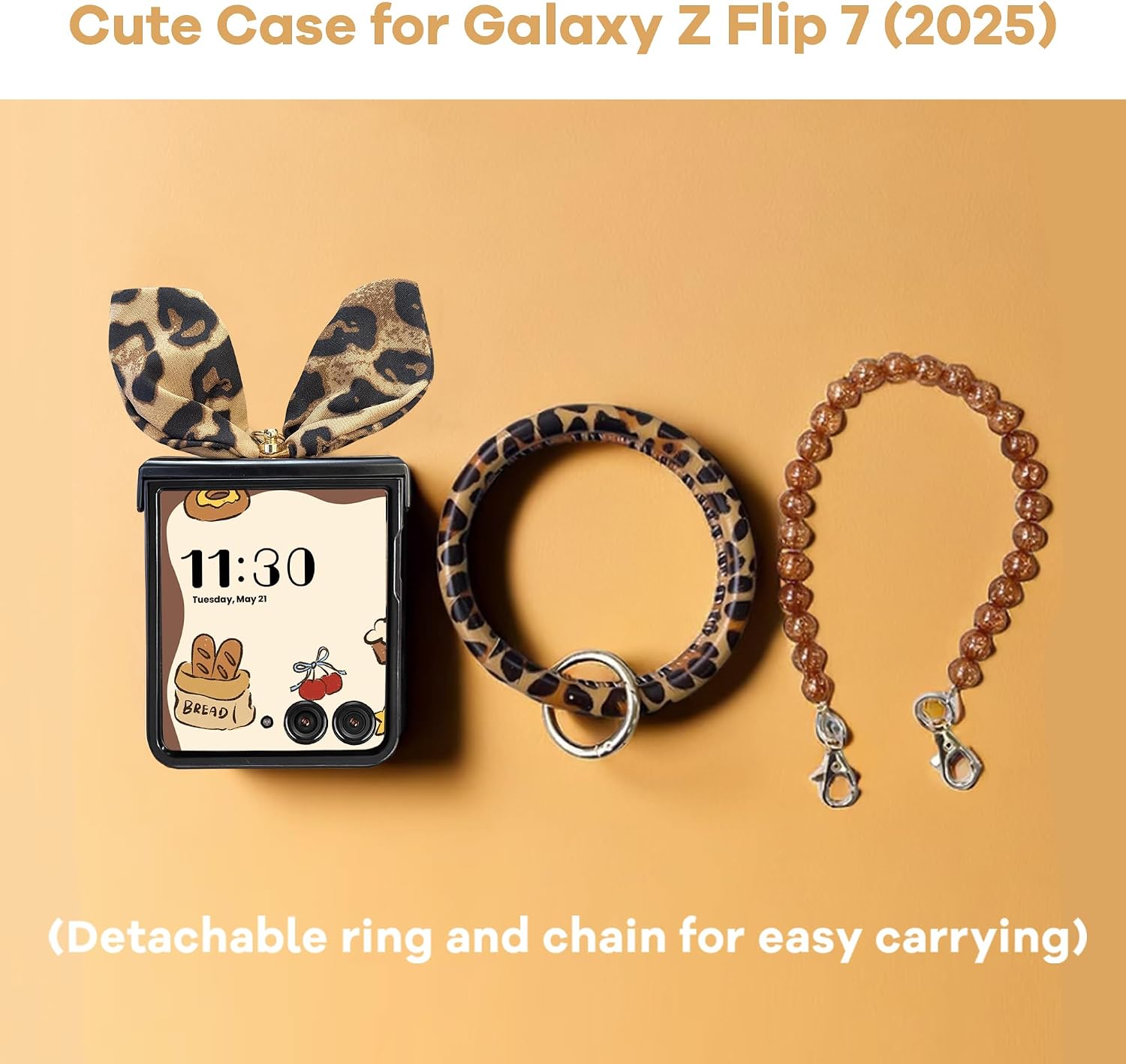 for Galaxy Z Flip 7 Case with Hinge Cover & Ring & Chain, Leopard Print Design Cute Z Flip 7 Phone Case for Women, Shock Absorbing Elegant PU Leather Phone Case for Samsung Galaxy Z Flip 7