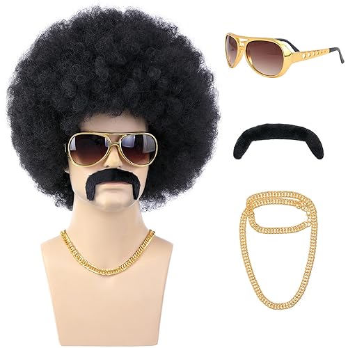 morvally Peluca negra afro de los años 70 para hombres con cadena de gafas y bigote para hombre, pelucas cortas negras rizadas para disfraz de disco