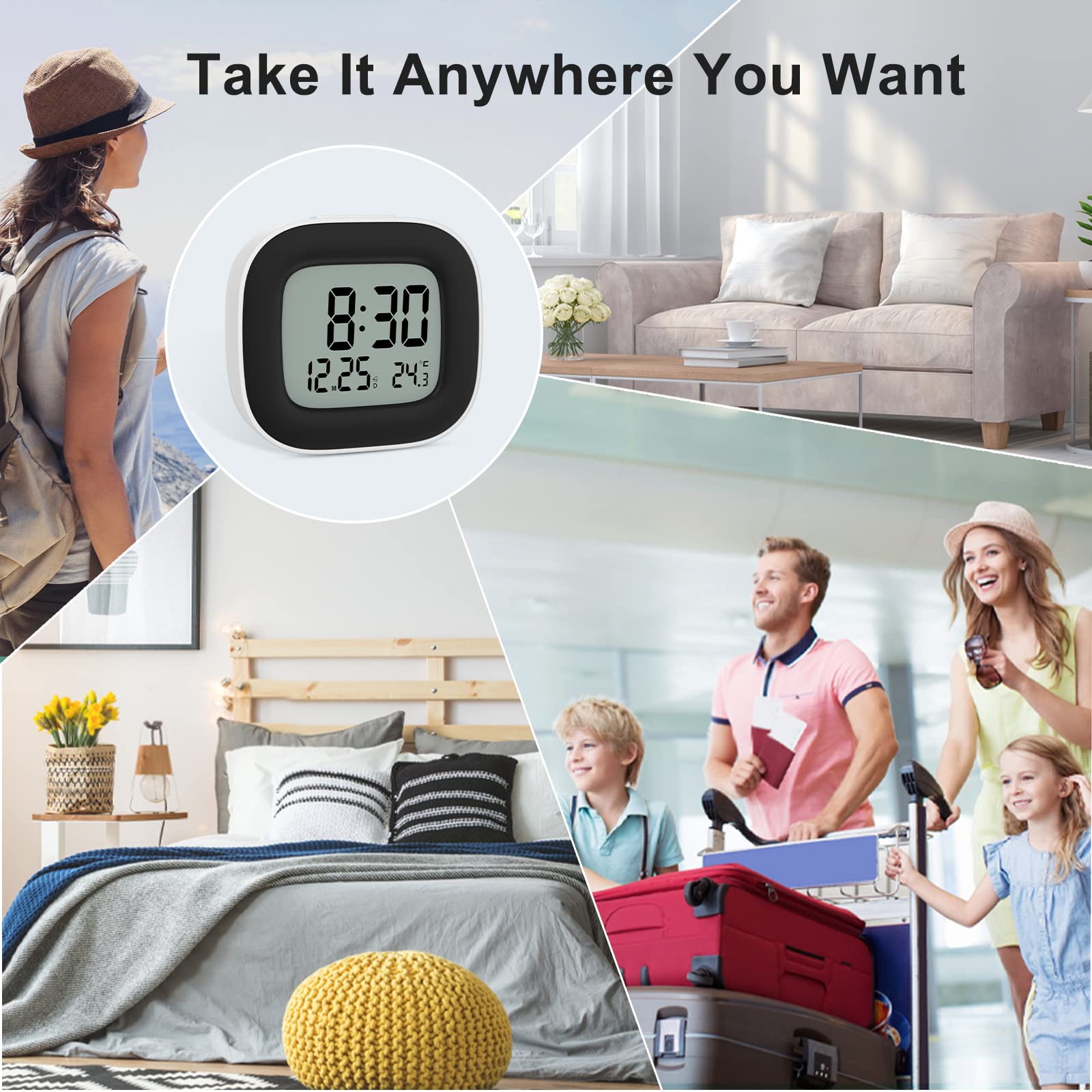Despertador Digital Pilas Reloj Despertador Digital Pequeño con Luz, Despertador Inteligente con Temperatura Fecha y Zumbador Fuerte, Siesta, para Viajes Dormitorio (2 Baterías AAA Incluidas)