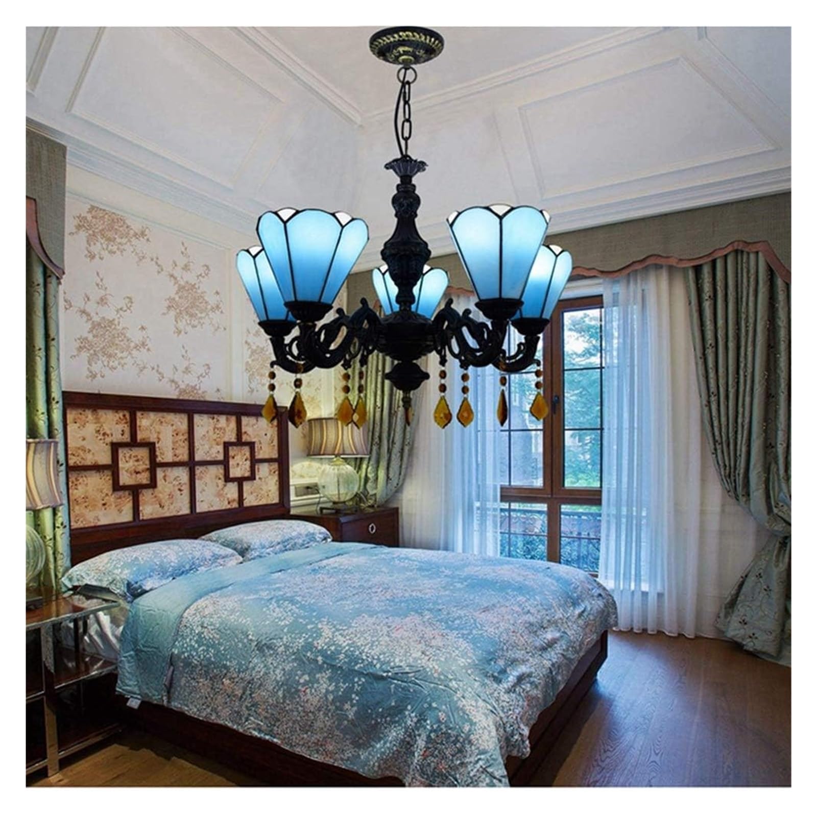 Lampa sufitowa, lampa wisząca, 24" Tiffany, 5-głowicowy żyrandol, lampa wisząca w stylu retro, śródziemnomorski niebieski, witraż