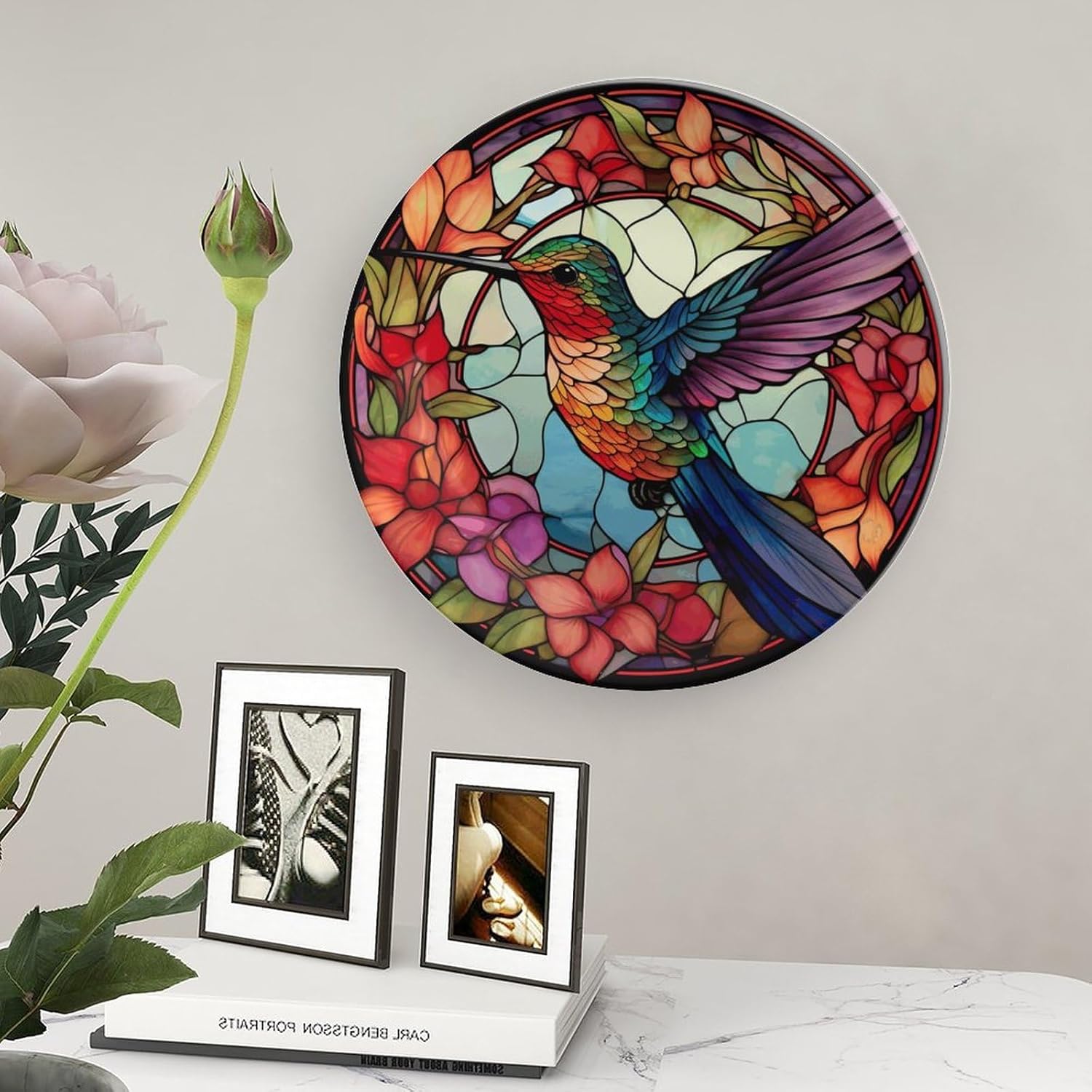 Decorative Plates for Home Decor, Cute Hummingbird Stained Glass Painting Decor Tray for Table Display, Ceramic Dinner Plate W/ Stand, Living Dining Room Decor, Gifts for Hummingbird Lovers, 8 Inch