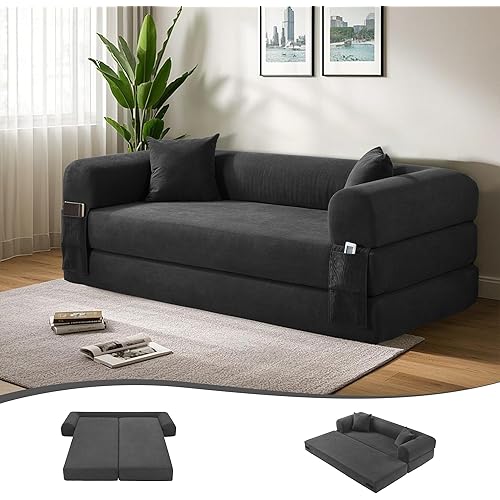 80" Convertible Sofa Bed, 3-in-1 Corduroy Folding Pull Out Couch with Pillows, No Assembly Modern Boneless Couch Compression Sofa in Box, Floor Sofa with Side Storage Pocket for Living Room,Dark Grey