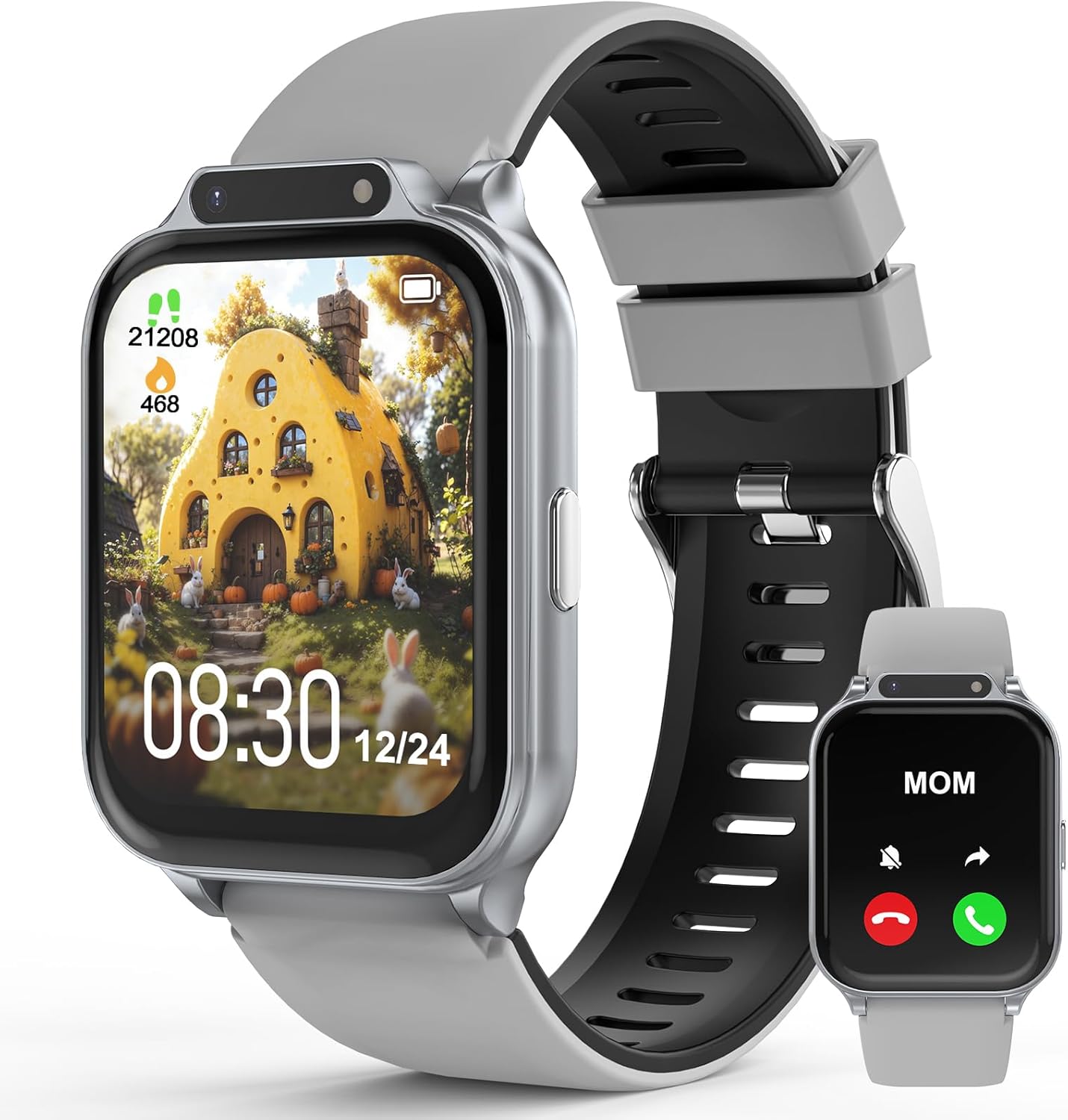 Smart Watch for Kids 1.85" with Fitness Tracker, Sleep Monitor, 22/100+ Sport Modes, DIY Dial, IP68 Waterproof, Step Counter, Heart Rate, Camera, with/Without APP, Gift for 3-12 Years Old Boys Girls Silver Classic