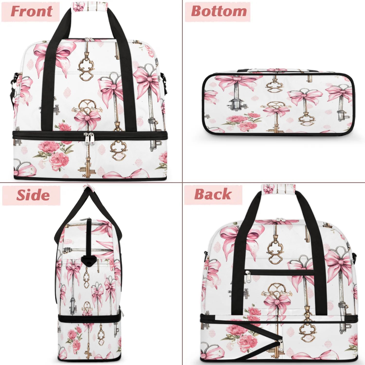 Sports Duffel Bag, Foldable Valentines Day Travel Duffel Bag, Gym Yoga Beach Bag Weekender Overnight Bag with Shoes Compartment for Men Women, Key Delicate Bow French