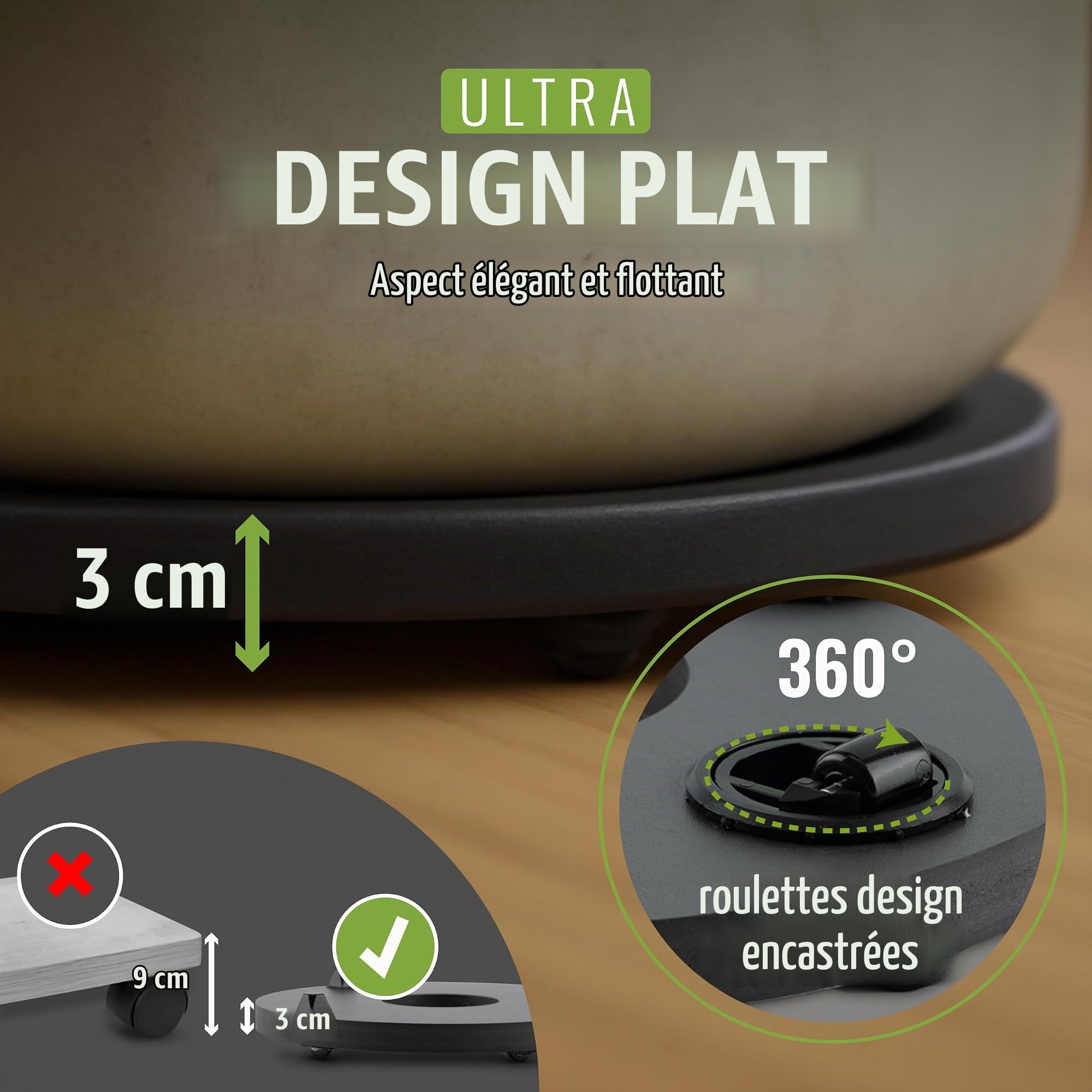 Pflanzwerk® Jardinière Porte Plantes*ULTRAPLAT Designer sous-vases à roulettes* Ø28cm pour Tous Les Pots et bacs à Fleurs *Design breveté* *capacité de Charge 120KG* *Made in Germany*