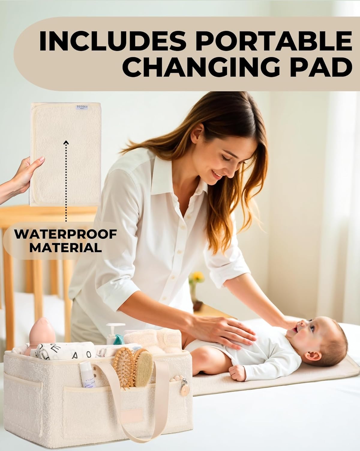 baby diaper caddy organizer with portable changing mat - teddy fleece diaper organizer for changing table - basket for changing essentials - baby essentials organizer with removable dividers 3/ beige diaper caddy with changing pad