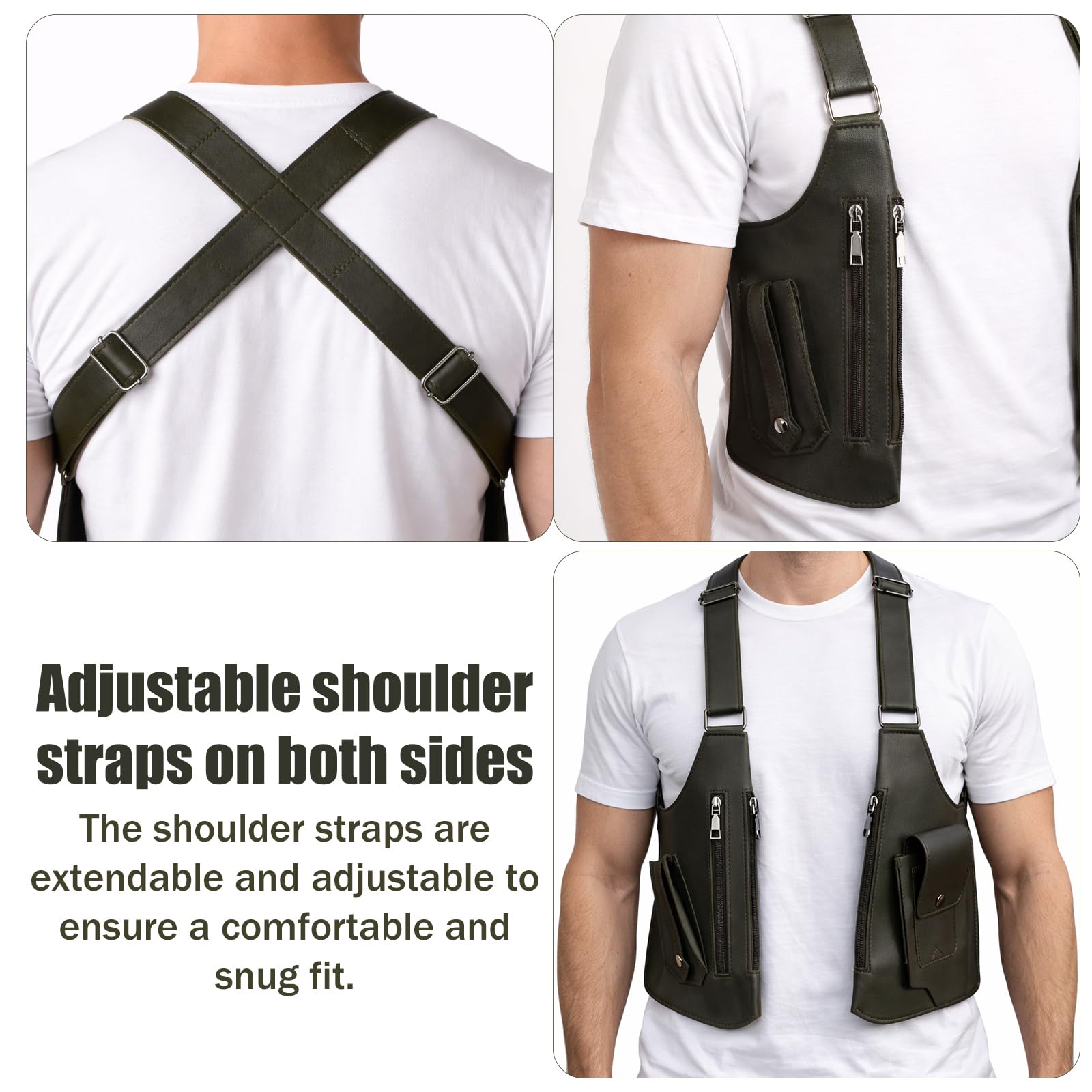 Sac Bandoulière Sous le Bras Homme, Sac à Bandoulière Double avec Sangle Réglable Étui Antivol pour Portefeuille Poche Téléphone (Vert Foncé)