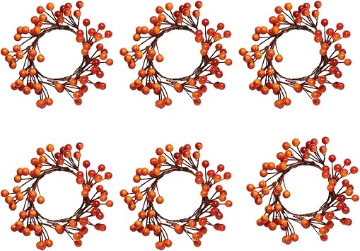 6 Pack Fall Candle Rings Wreaths Small Candlestick Wreaths Rings Farmhouse Candle Rings with Artificial Orange Berries for Thanksgiving Fall Wedding Rustic Seasonal DecorationOrange