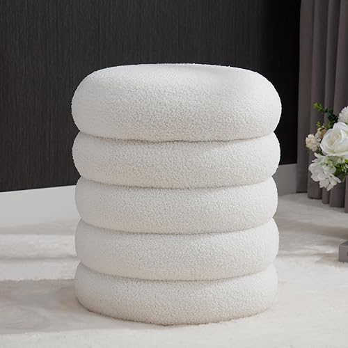 Miniatura 3 de Taburete otomano tapizado de sherpa redondo blanco con reposapiés pequeño Boucle para dormitorio, sala de estar, entrada, dormitorio