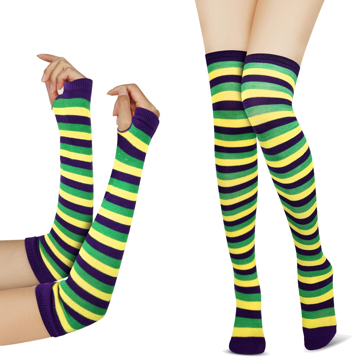 Benefeet Sox Womens Rainbow Striped Knee High Thigh High Socks Arm Warmers Set Fingerless Gloves Halloween Costume - Image 2