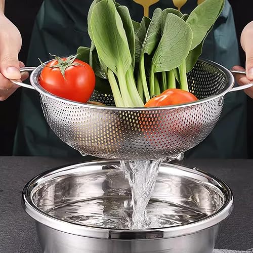 Miniatura 7 de AKOLAFE Colador de metal de 5 cuartos de galón con asa, paquete de 3 coladores de acero inoxidable para coladores y coladores de cocina, juego de