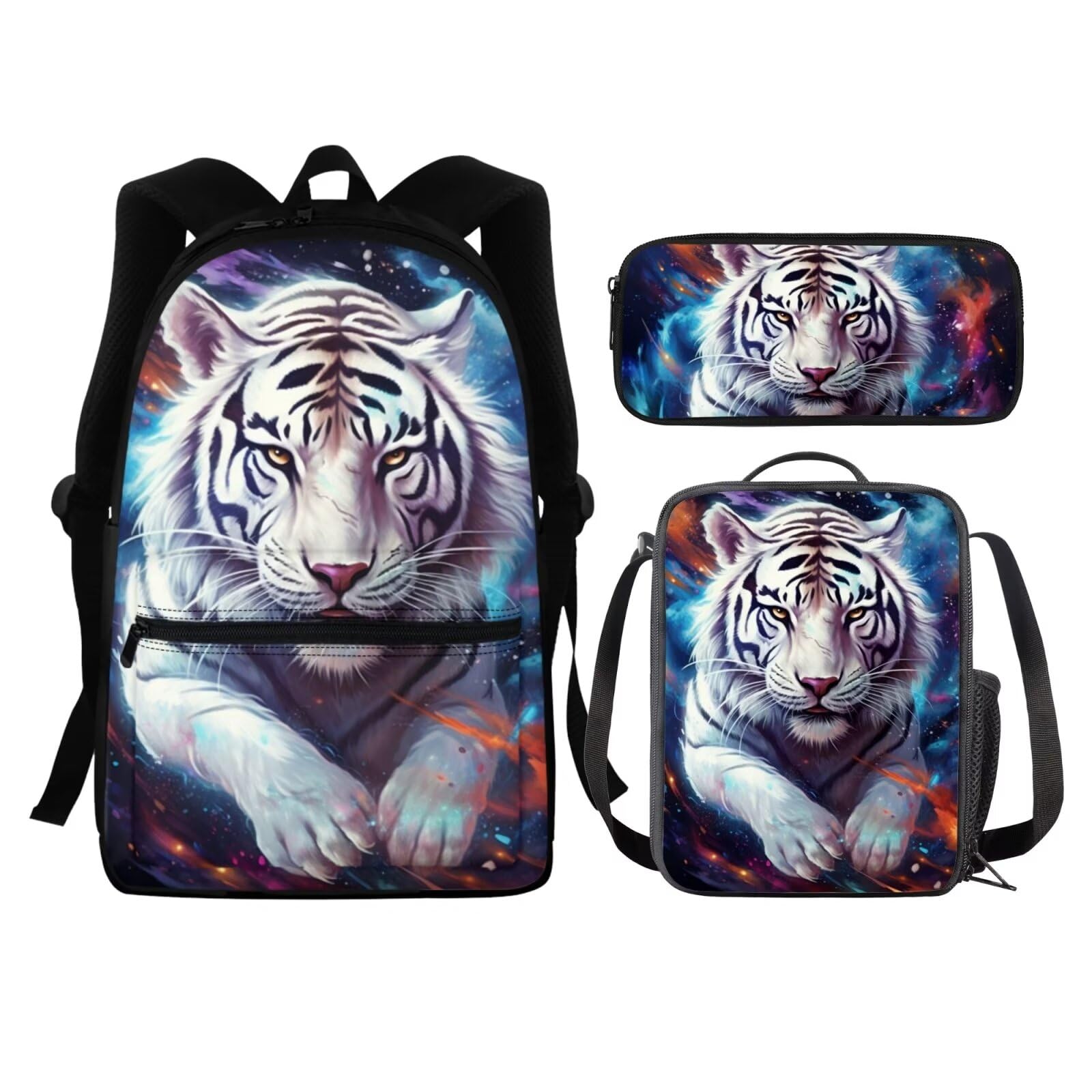 Tongluoye Galaxy Tiger School Bag and Lunch Box Set for Girls Boys Kids Bookbag Ages 8-10/10-12 Elementary High School Backpack Children Book Bags