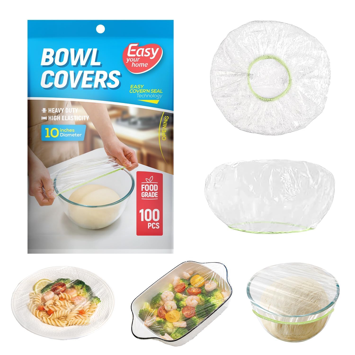 100PCS 10Inch Bowl Covers, Food Cover Dish Covers, Elastic Stretch Food Storage Lids, BPA-Free Plastic Wrap for Sourdough Proofing Meal Prep Fresh Keeping