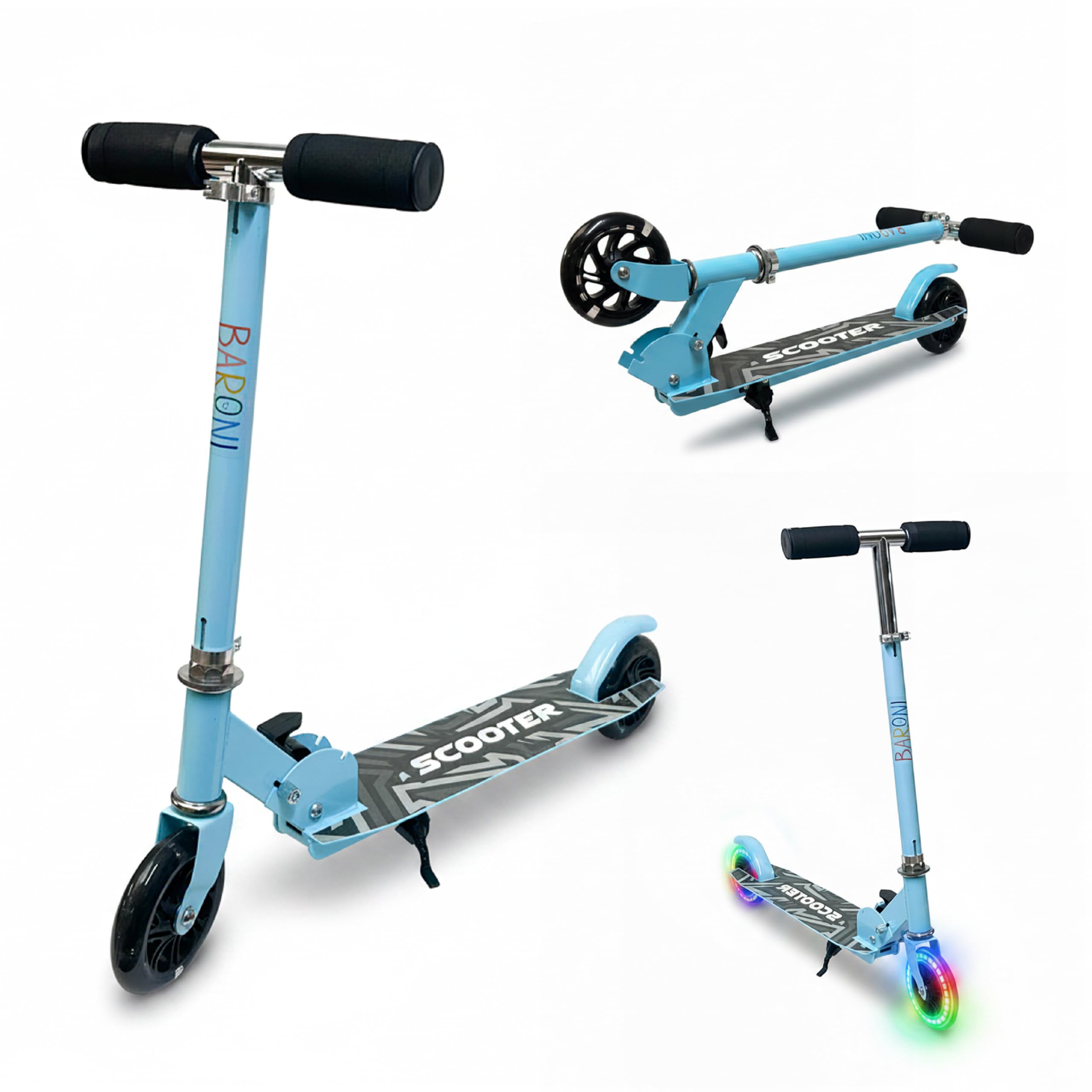 Baroni Toys Patinete para niños a partir de 3 años con ruedas LED, patinete de hierro, LED sin pilas, manillar ajustable 60-80 cm, plegable y ahorra espacio, freno trasero, 28 x 70 x 80 cm